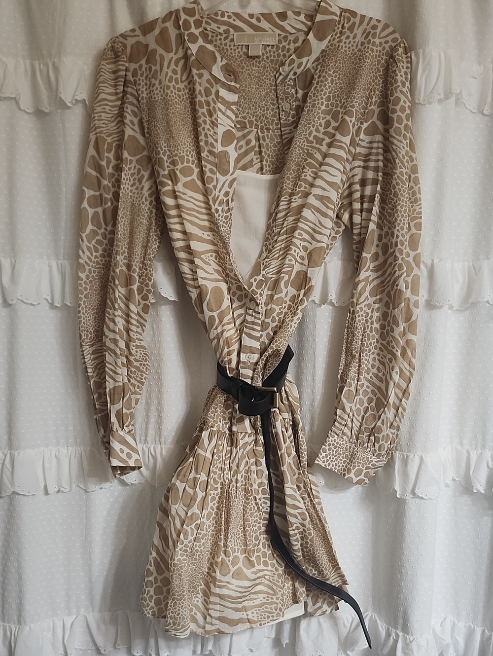 Michael Kors Taupe & White Animal-Print Wrap Dress with Black Belt
